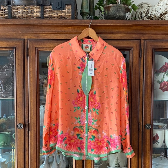 NEW Farm Rio Fruit Garden Scarf Long Sleeve Button Down Shirt women’s size XL - Picture 4 of 15